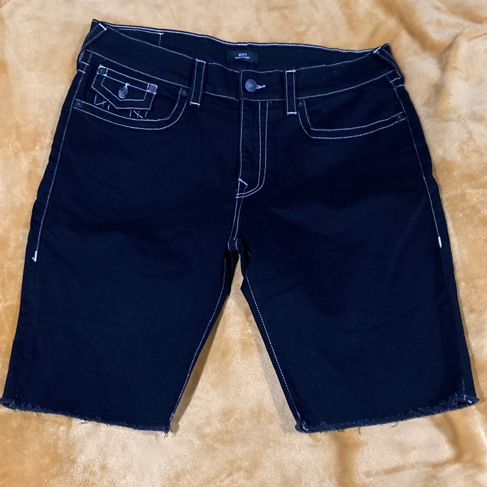 True religion Black Denim Shorts with White Stitching great condition